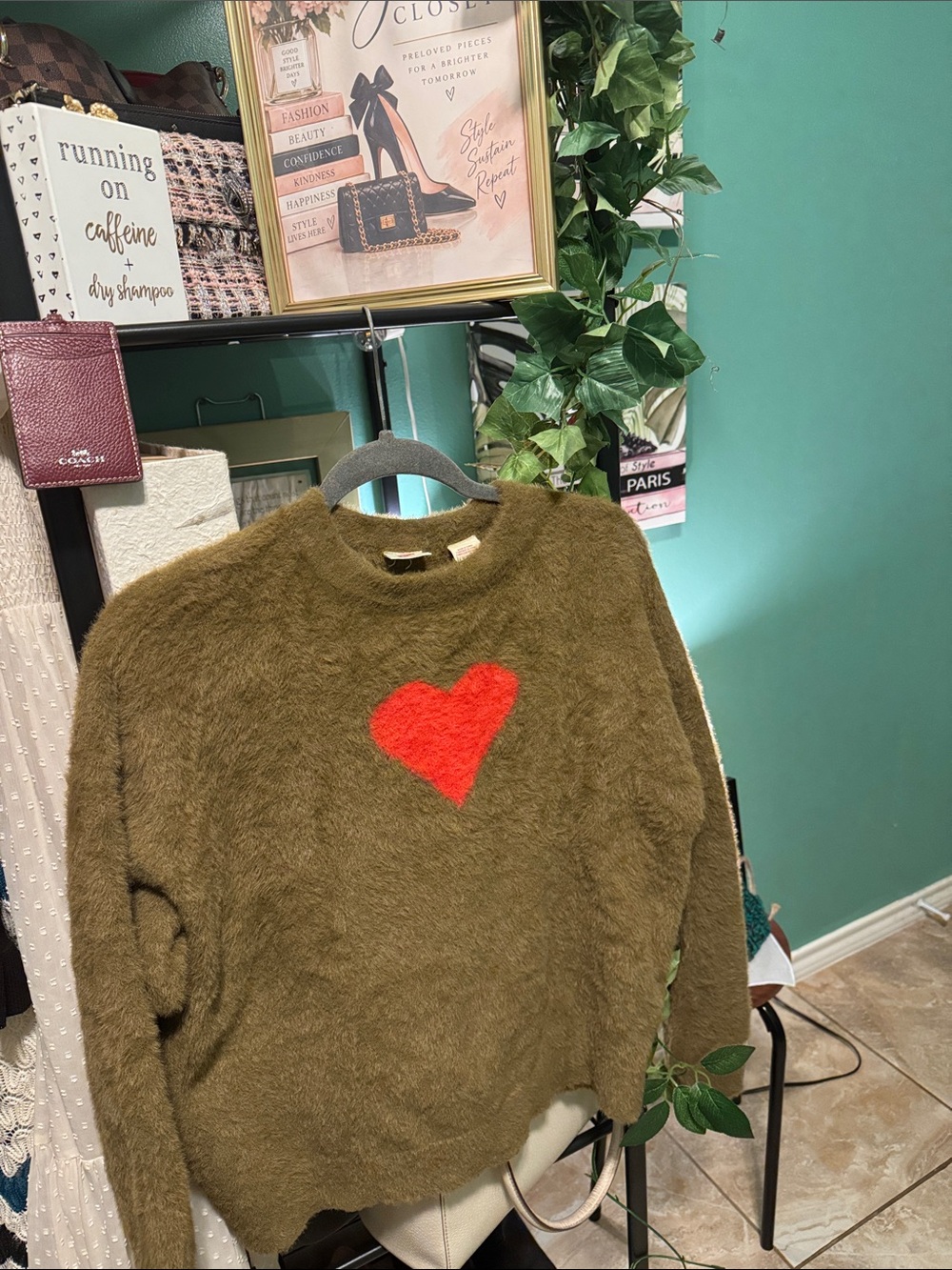 Levi's Olive Fuzzy Crewneck Sweater with Red Heart Motif